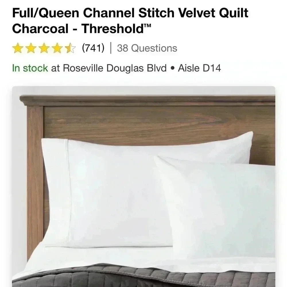 NWOT Full/Queen Channel Stitch Velvet Quilt Charcoal - Threshold‎